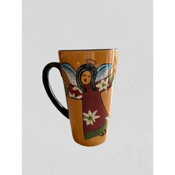 Mary Naylor Designs Coffee Mug Redware Hand-painted Angel with Horn design - Picture 3 of 6